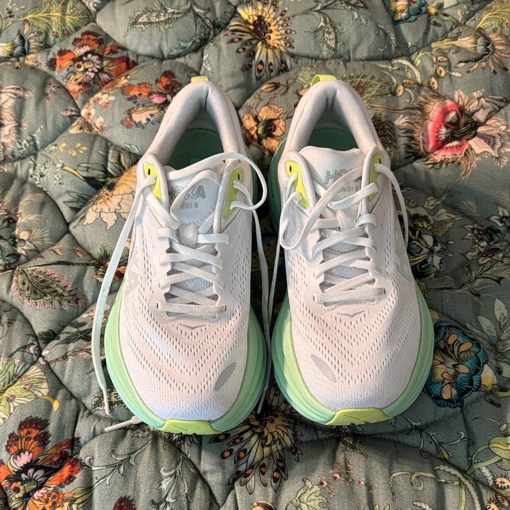 Hoka Women's Bondi’s White and Lime Athletic Shoes